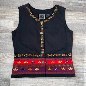 Vintage Valencia Black Denim Embroidered Vest Autumn, S-Button N35